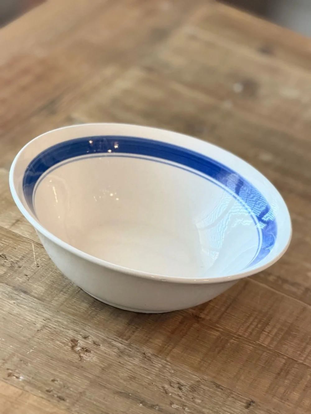 Vintage Double Blue Band Ceramic Serving Bowl. Speckled | Classic | 9” Ivory